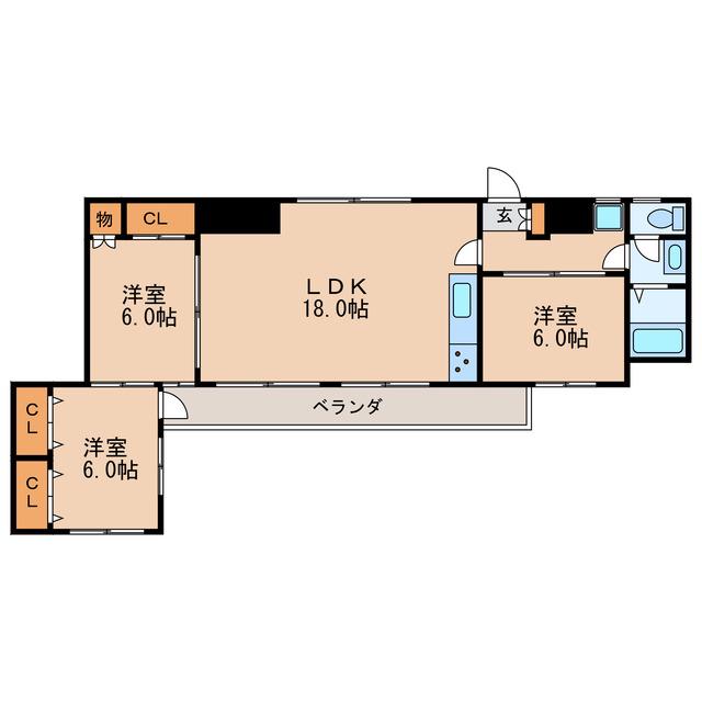 地下鉄鶴舞線 丸の内駅(愛知) 徒歩3分 10階建 築46年(3LDK/7階)の間取り写真