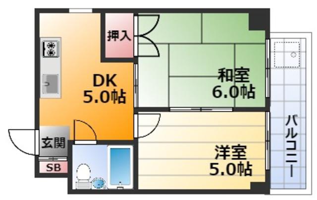東三国グランドハイツ北(2DK/6階)の間取り写真