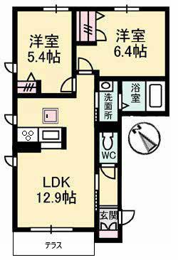 クレインアートB棟(2LDK/1階)の間取り写真