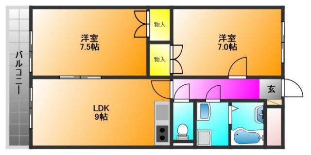 グランドヒル野中(2LDK/1階)の間取り写真