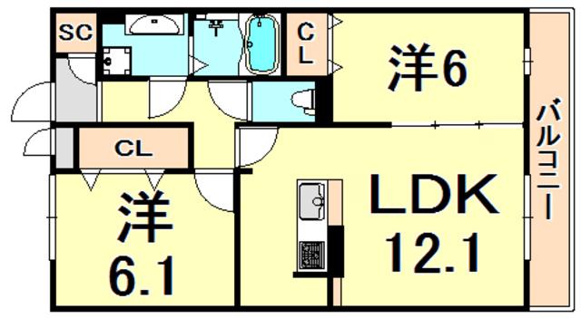 南塚口メディエートプラザII(2LDK/1階)の間取り写真