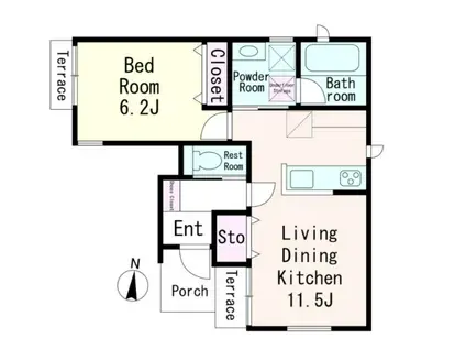 パイン B棟(1LDK/1階)の間取り写真