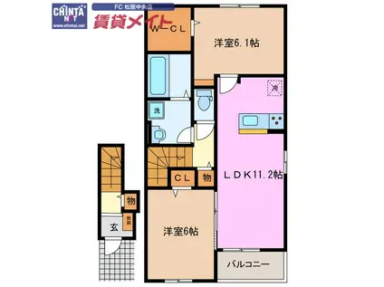 さくらレジデンス高町 D(2LDK/2階)の間取り写真