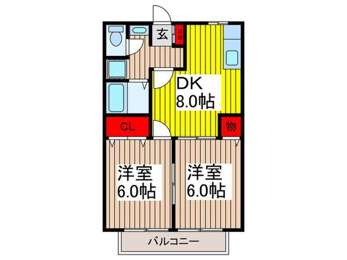 エスタンシア三室(2DK/1階)の間取り写真