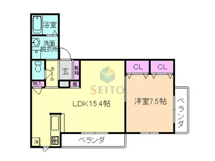 アルフォンス・桜の町(1LDK/1階)の間取り写真