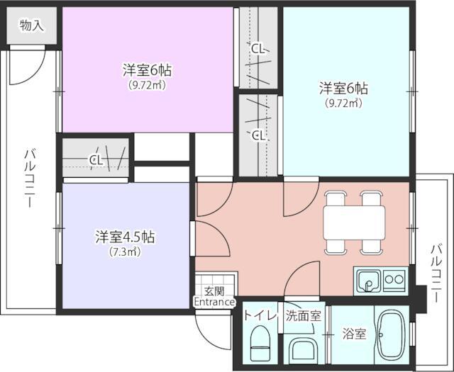平尾64号棟(3DK/5階)の間取り写真