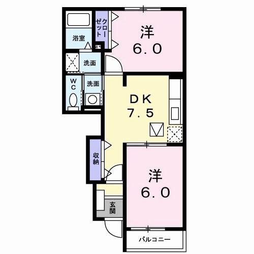 マルベリーパーク(2DK/1階)の間取り写真