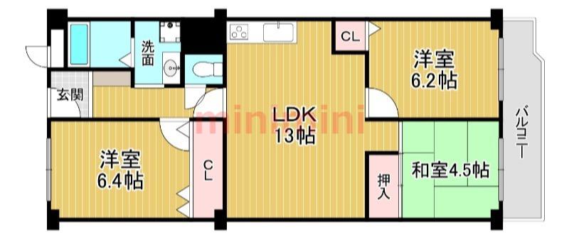 春日丘グリーンハイツB棟(3LDK/6階)の間取り写真