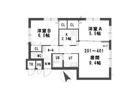 グランメールプリエ(2LDK/4階)の間取り写真