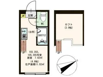 ハーモニーテラス練馬(ワンルーム/2階)の間取り写真