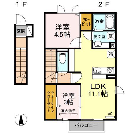 ヴィルヌーブ相坂 F棟(2LDK/2階)の間取り写真