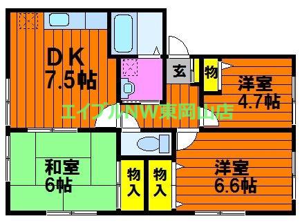 フォブールKAWAI B(3DK/1階)の間取り写真