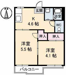 ハイツあかね B棟(2K/2階)の間取り写真