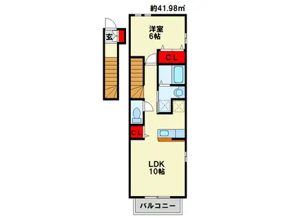 ジャン・アヴニール A棟(1LDK/2階)の間取り写真