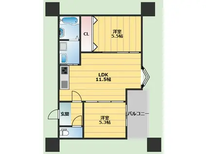 ボヌール緑地公園(2LDK/1階)の間取り写真