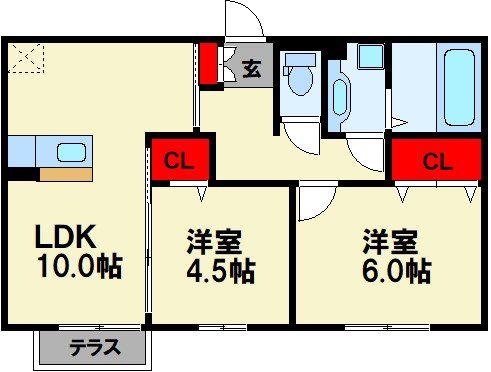ディールーム後藤寺 B棟(2LDK/1階)の間取り写真