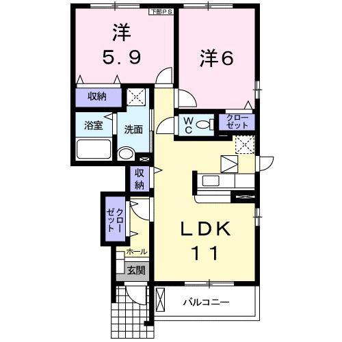 バーミィ ヒル サイドB(2LDK/1階)の間取り写真