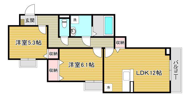 ユニゾン安満 A棟(2LDK/1階)の間取り写真