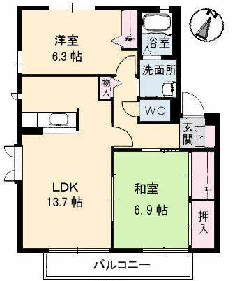 グリーンヴィレッジB棟(2LDK/1階)の間取り写真
