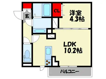 DーROOMさんよう A棟(1LDK/2階)の間取り写真
