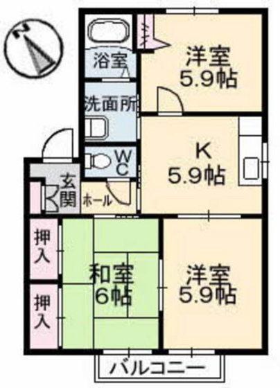 パースリーKATAGI A棟(3K/2階)の間取り写真