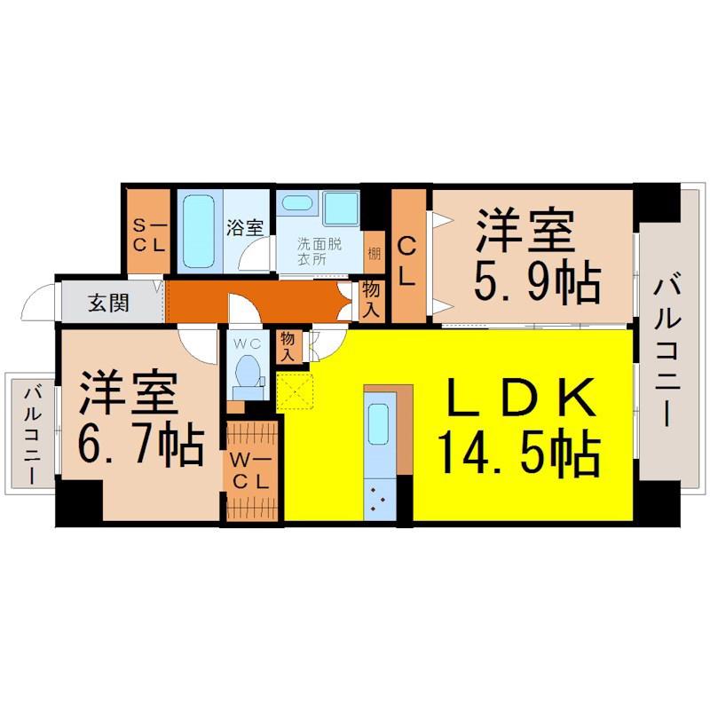 らとぅーる代官町イースト(2LDK/7階)の間取り写真