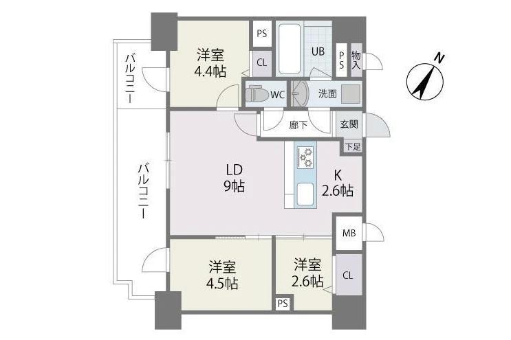 MODERN PALAZZO 天神南II(3LDK/12階)の間取り写真