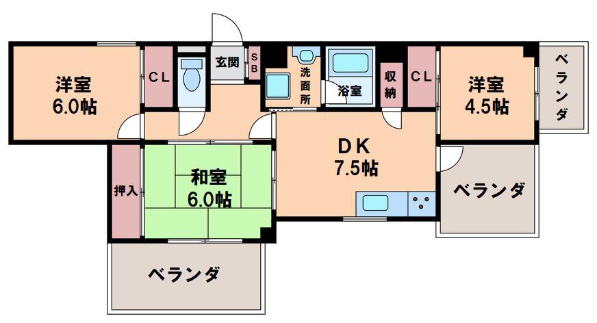 太平パシフィック桑津(3DK/5階)の間取り写真