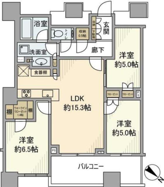 パークタワー勝どきサウス(3LDK/52階)の間取り写真