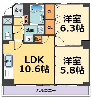 SEMPREVITA南甲子園(2LDK/2階)の間取り写真