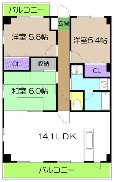 フィネス南川添(3LDK/1階)の間取り写真