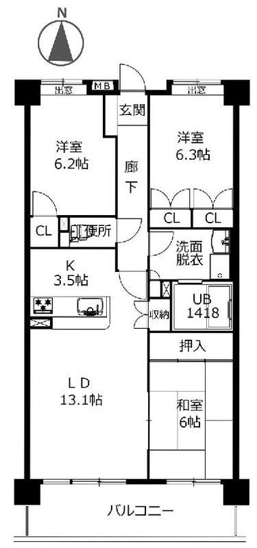 グランヴィル百道(3LDK/1階)の間取り写真