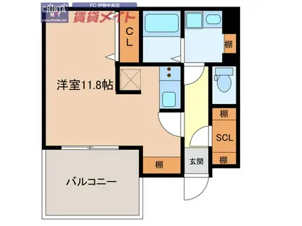 CASAα 外宮(ワンルーム/1階)の間取り写真