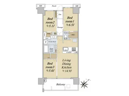 オークプレイス豊洲(3LDK/2階)の間取り写真