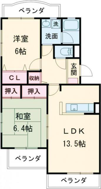グランディーナ壱番館(2LDK/2階)の間取り写真