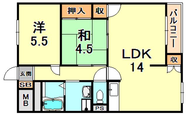 御影オークマンション(2LDK/2階)の間取り写真
