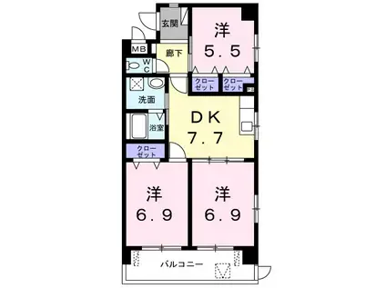 アビタシオンURUMA(3DK/1階)の間取り写真