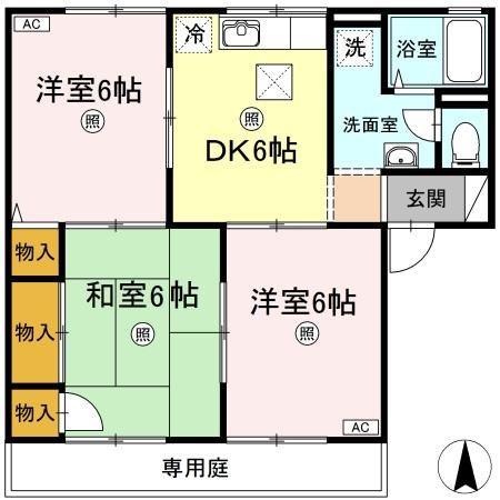 ウエストアベニュー A棟(3DK/1階)の間取り写真