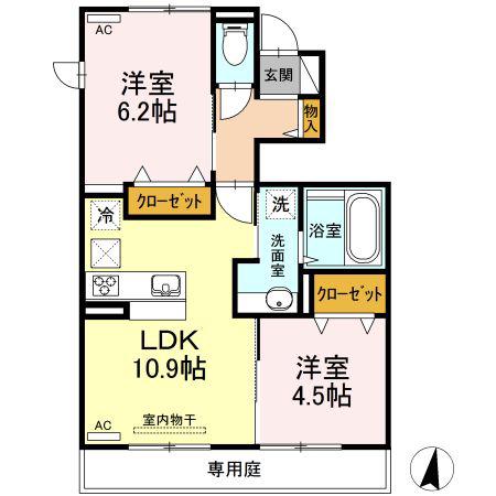 プレミール益城(2LDK/1階)の間取り写真