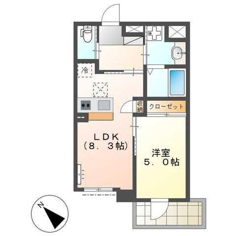 京成千葉線 西登戸駅 徒歩11分 5階建 築4年(1LDK/2階)の間取り写真