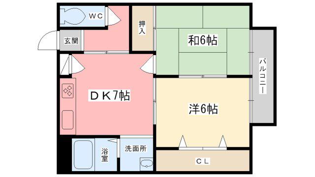 レイクサイドヴィラ D棟(2DK/1階)の間取り写真