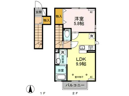 プラウド ヴィラ E(1LDK/2階)の間取り写真