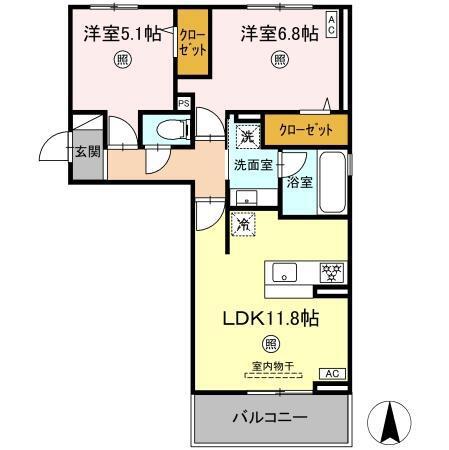 トリシア野多目I(2LDK/2階)の間取り写真