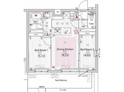 ガーラ・パークヒルズ町田(2DK/4階)の間取り写真