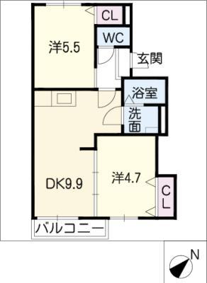 ラ・カーサベルデ(2DK/2階)の間取り写真