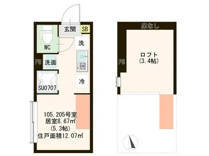 ハーモニーテラス亀戸II(ワンルーム/2階)の間取り写真