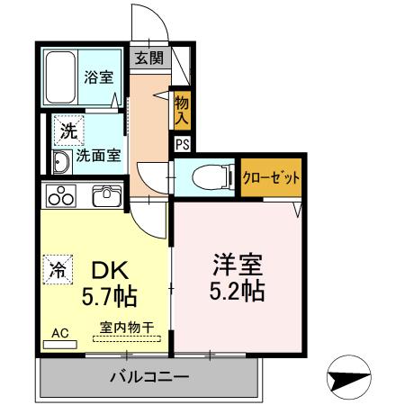 ラフィネサツキ(1DK/2階)の間取り写真