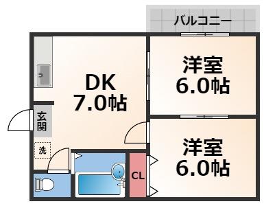 ロイヤルハイツ深江南(2DK/7階)の間取り写真