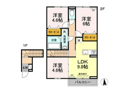 名鉄豊川線 稲荷口駅 徒歩17分 2階建 築3年(3LDK/2階)の間取り写真