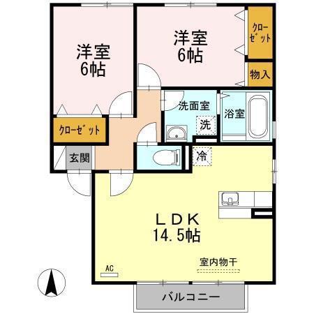 ウィルモア手城B棟(2LDK/2階)の間取り写真
